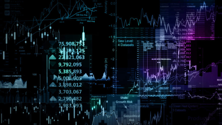 3D rendering of stock indexes in virtual space. Economic growth,
