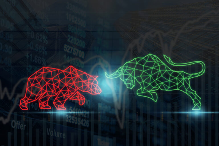 polygonal bull and bear shape writing by lines and dots over the
