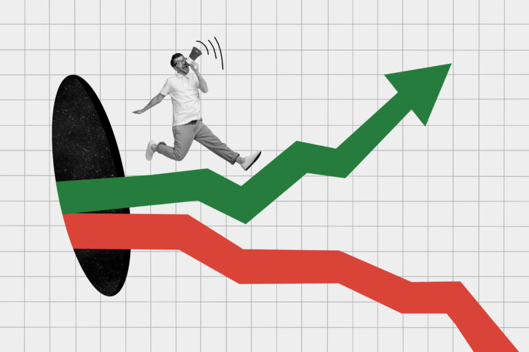 Creative collage of mini black white colors guy jump communicate loudspeaker hole big arrow up down indicator isolated on checkered background