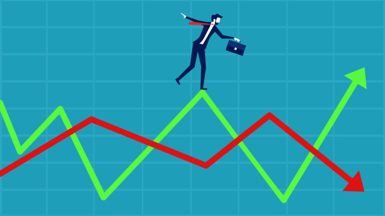 investment volatility Profit chart up and down arrows. Businessman trying to balance