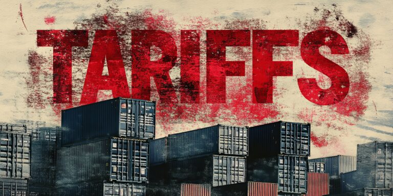 Shipping containers in ship yard,  ILLUSTRATION WITH "TARIFFS"
