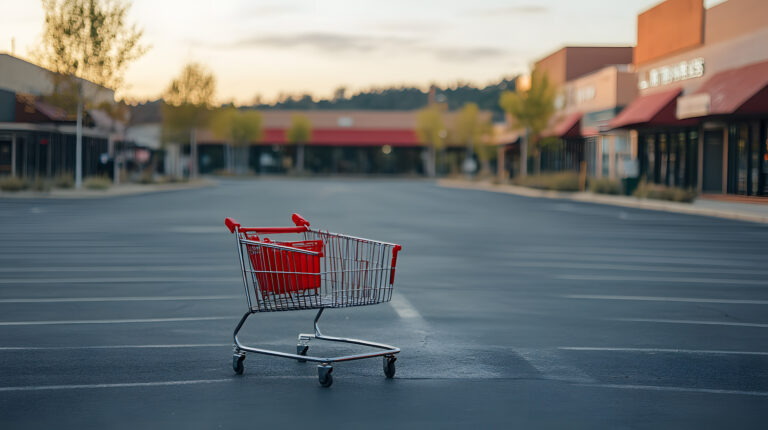 An empty shopping cart left in the middle of an American parking lot surrounded by closed stores.