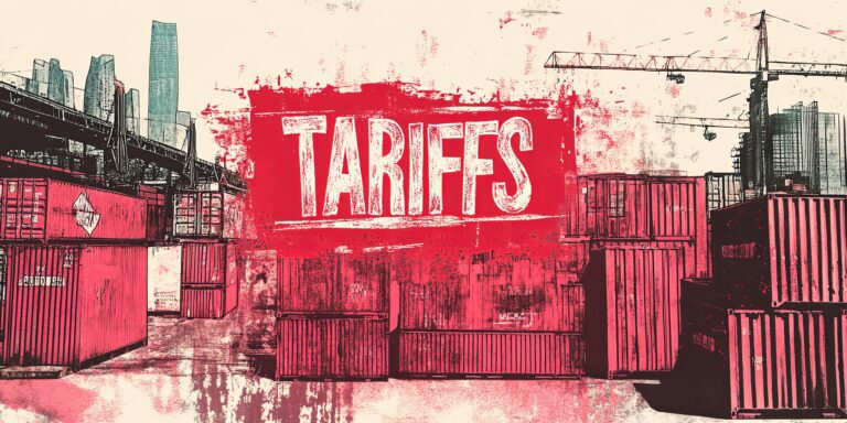 Shipping containers in ship yard,  ILLUSTRATION WITH "TARIFFS"