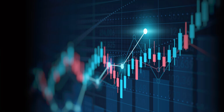 Business financial graph with uptrend line and bar chart of stock market on blue color background