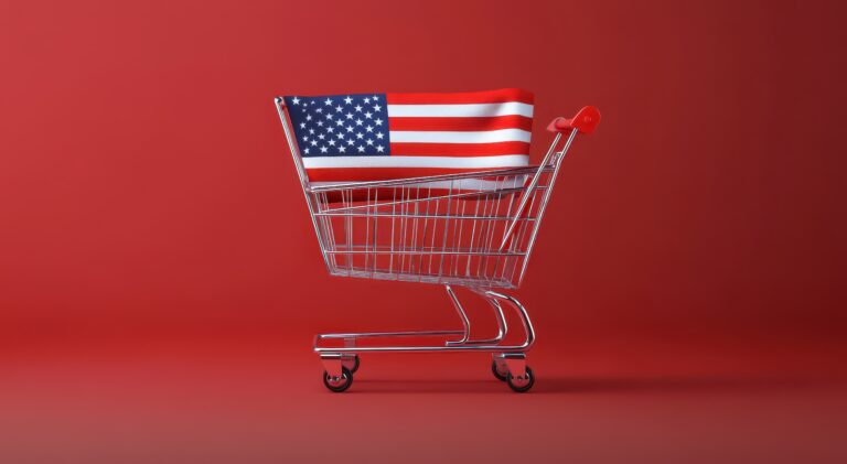The U.S. flag on top of a shopping cart, against a red background, in a flat design, minimalist style, with simple lines, 3D rendering