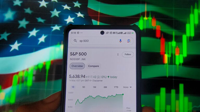 New Delhi, India - March 15, 2025. S&P 500 Stock Index Displayed on Smartphone with Bullish Green Candlestick Chart and U.S. Flag Background, Signifying Market Uptrend