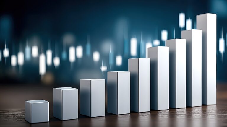 Candlestick chart shows financial trends in technology and agriculture with a blue gradient background highlighting growth and declines