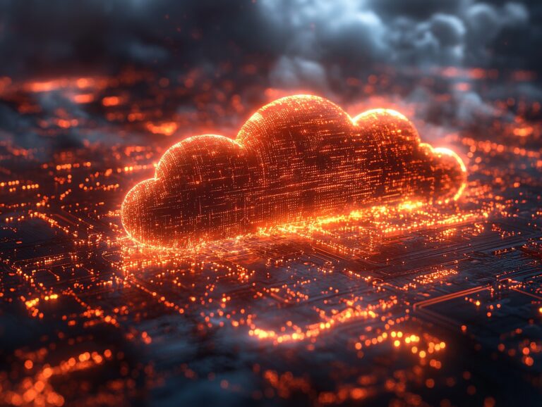 Glowing cloud above fiery cityscape, data transfer concept