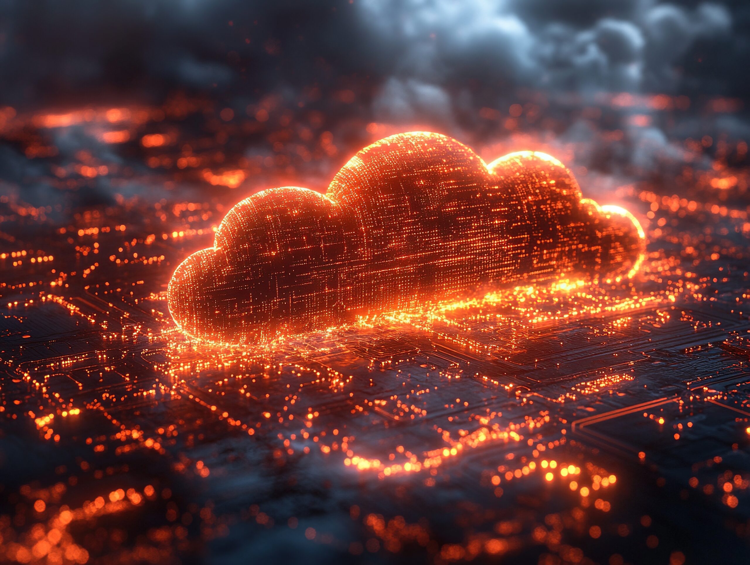 Glowing cloud above fiery cityscape, data transfer concept