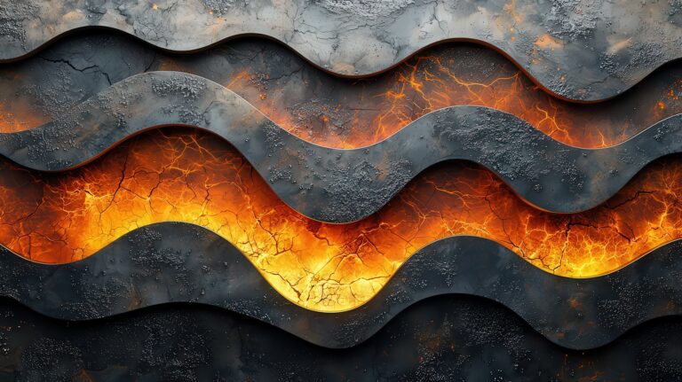 Abstract wavy metal texture with glowing lava elemens, creating a striking visal contrast ideal for moden design and industrial thmes.