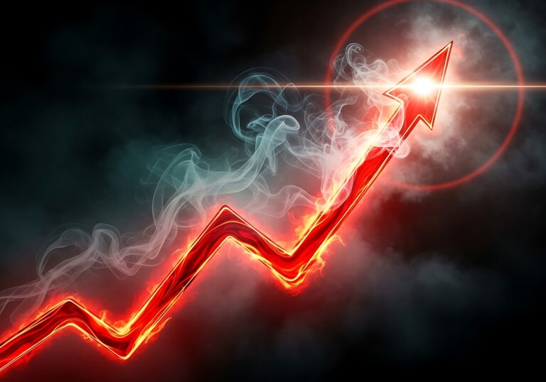 Fiery red arrow graph trending upwards with smoke and light